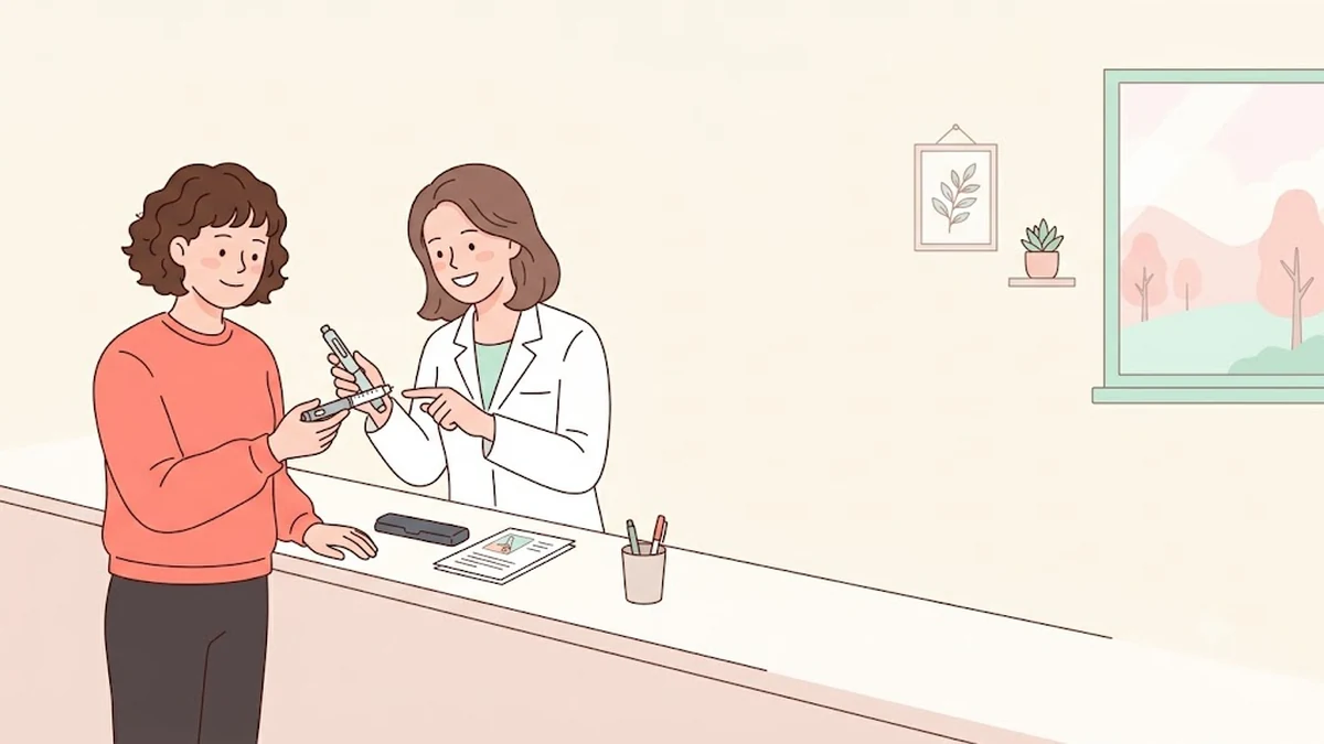 다이어트 주사 펜을 정해진 방법대로 쓰는 장면, 약국 상담대에서 약사와 펜 사용법을 확인