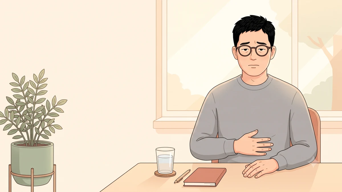 사무실 책상에서 명치를 짚으며 불편해하는 사람, 마운자로 명치 통증, 다이어트 주사 소화불량, 위배출 지연