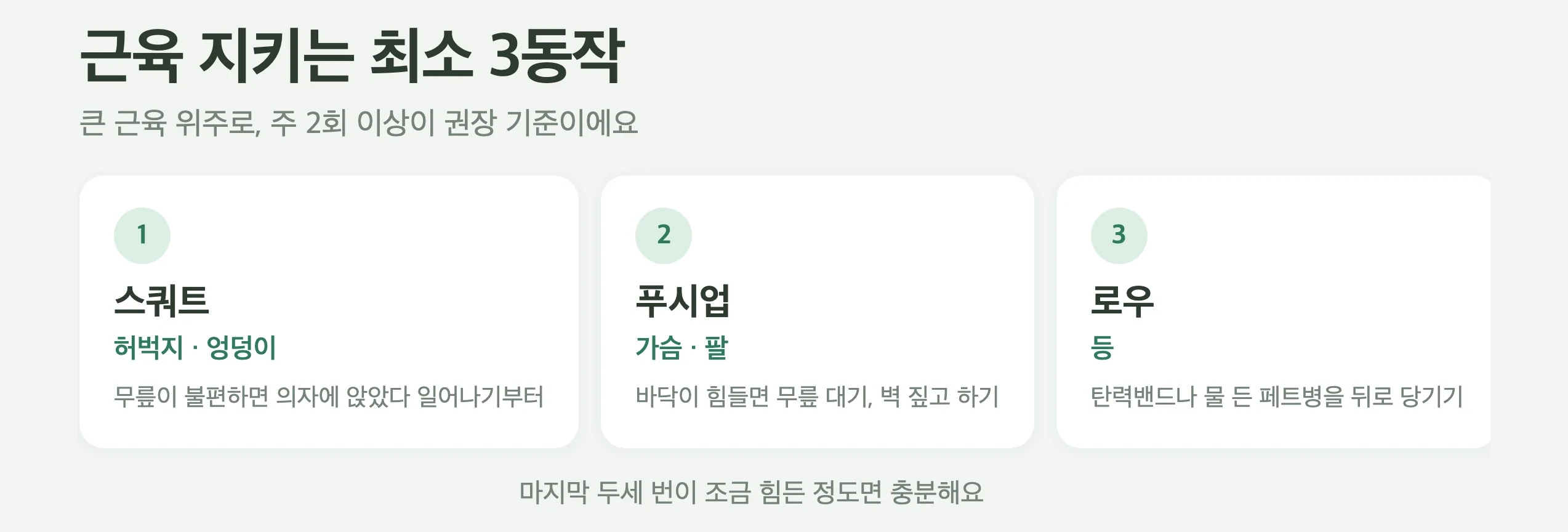 근육 지키는 최소 3동작, 스쿼트는 허벅지와 엉덩이, 푸시업은 가슴과 팔, 로우는 등, 주 2회 이상 큰 근육 위주로