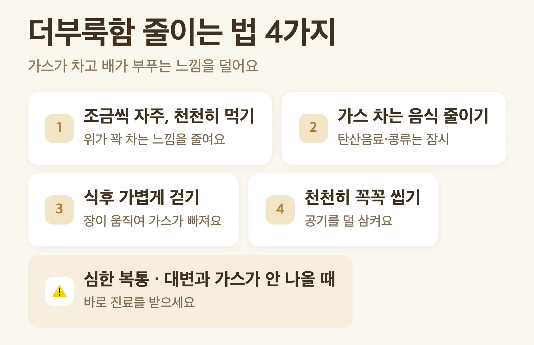 더부룩함 완화 4가지, 조금씩 천천히 먹기, 가스 차는 음식 줄이기, 식후 걷기, 꼭꼭 씹기