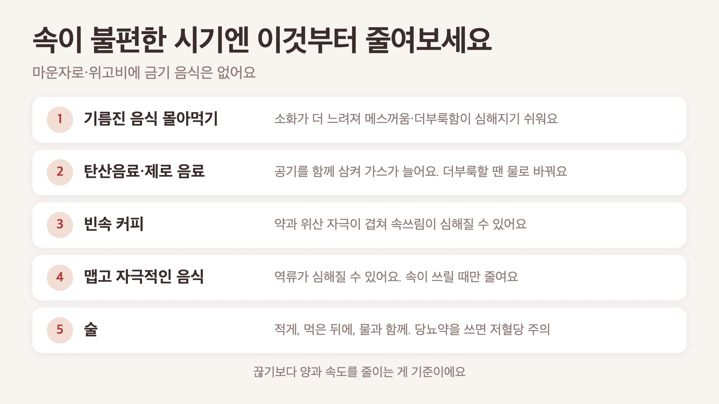 마운자로·위고비 쓸 때 속이 불편한 시기에 줄이면 편한 음식 5가지, 기름진 음식 한 번에 많이, 탄산음료, 빈속 커피, 맵고 자극적인 음식, 술