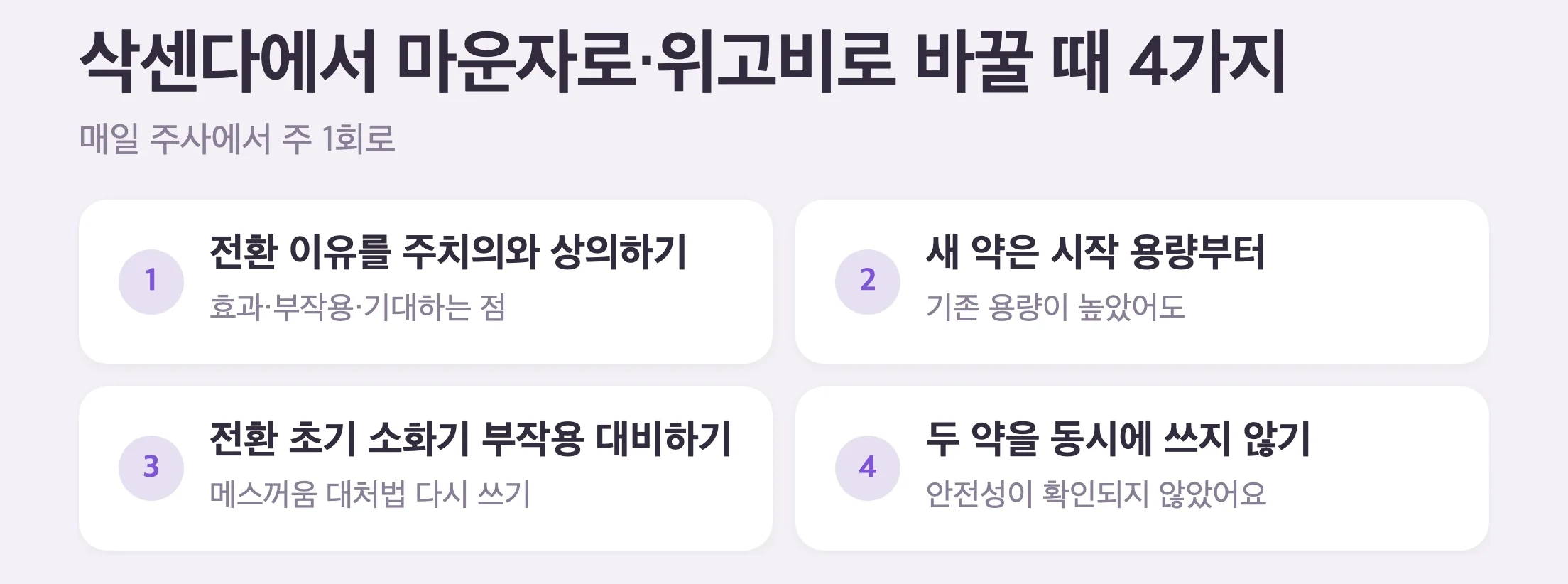 삭센다에서 마운자로·위고비로 바꿀 때 4가지, 주치의와 전환 이유 상의, 새 약은 시작 용량부터, 전환 초기 소화기 부작용 대비, 두 약을 동시에 쓰지 않기