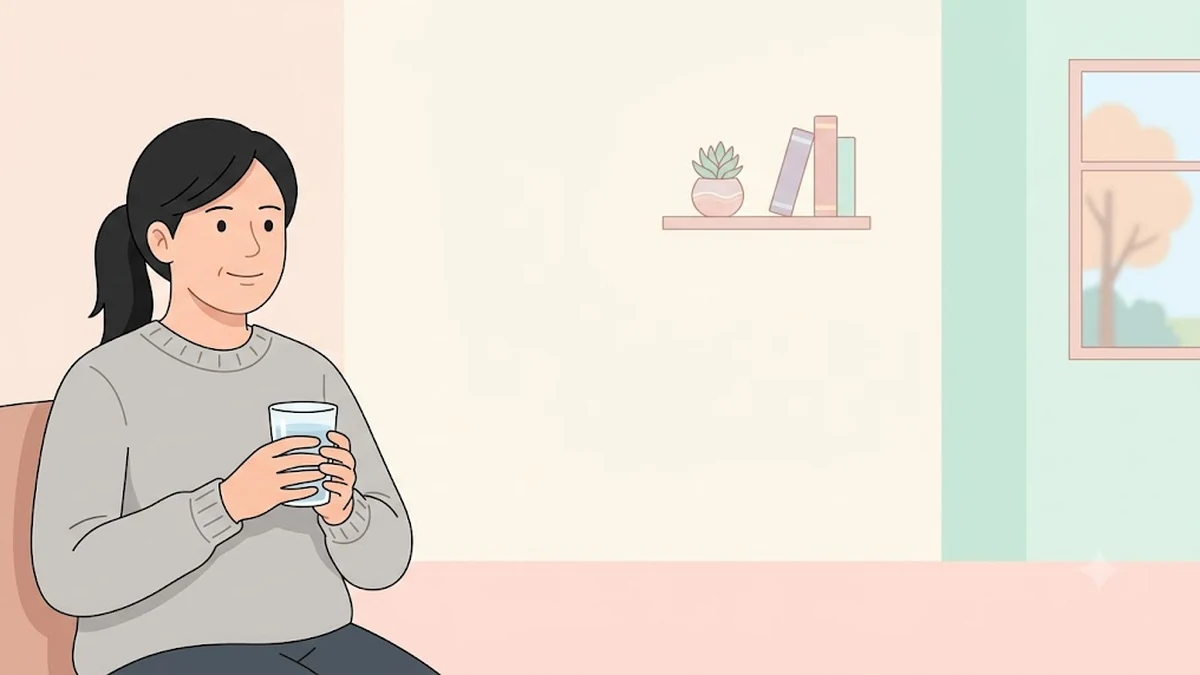마운자로·위고비 쓸 때 가짜 배고픔 구별, 저녁 거실에서 물컵을 들고 잠시 생각하는 장면