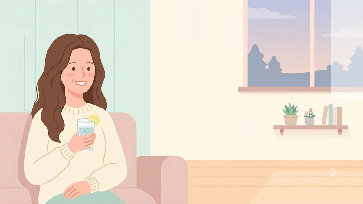 마운자로·위고비 쓰고 술이 당기지 않는 변화, 저녁 모임 자리에서 탄산수 잔을 들고 편안하게 웃는 장면