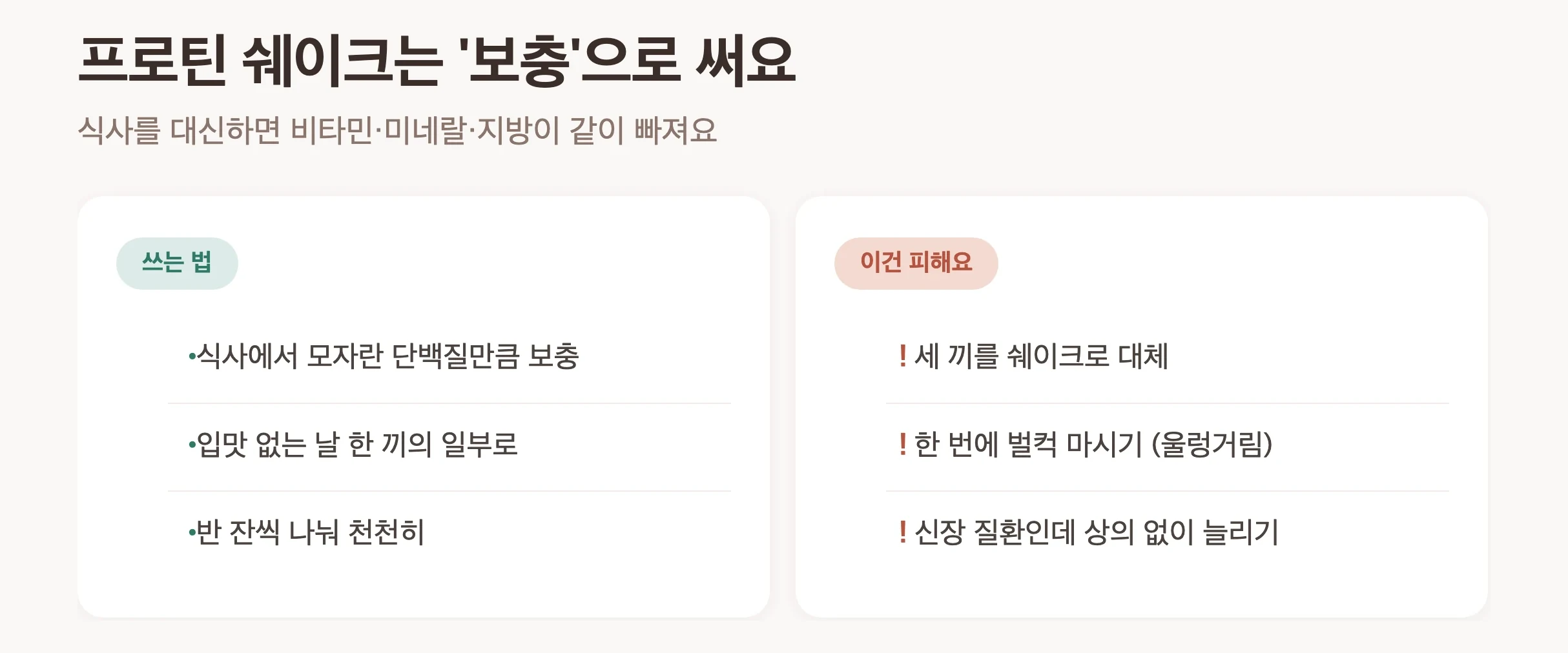프로틴 쉐이크 이렇게 마시기와 피할 것, 모자란 단백질만 보충, 입맛 없는 날 한 끼 일부로, 반 잔씩 천천히, 세 끼 대체 금지, 벌컥 마시기 금지, 신장 질환 상의