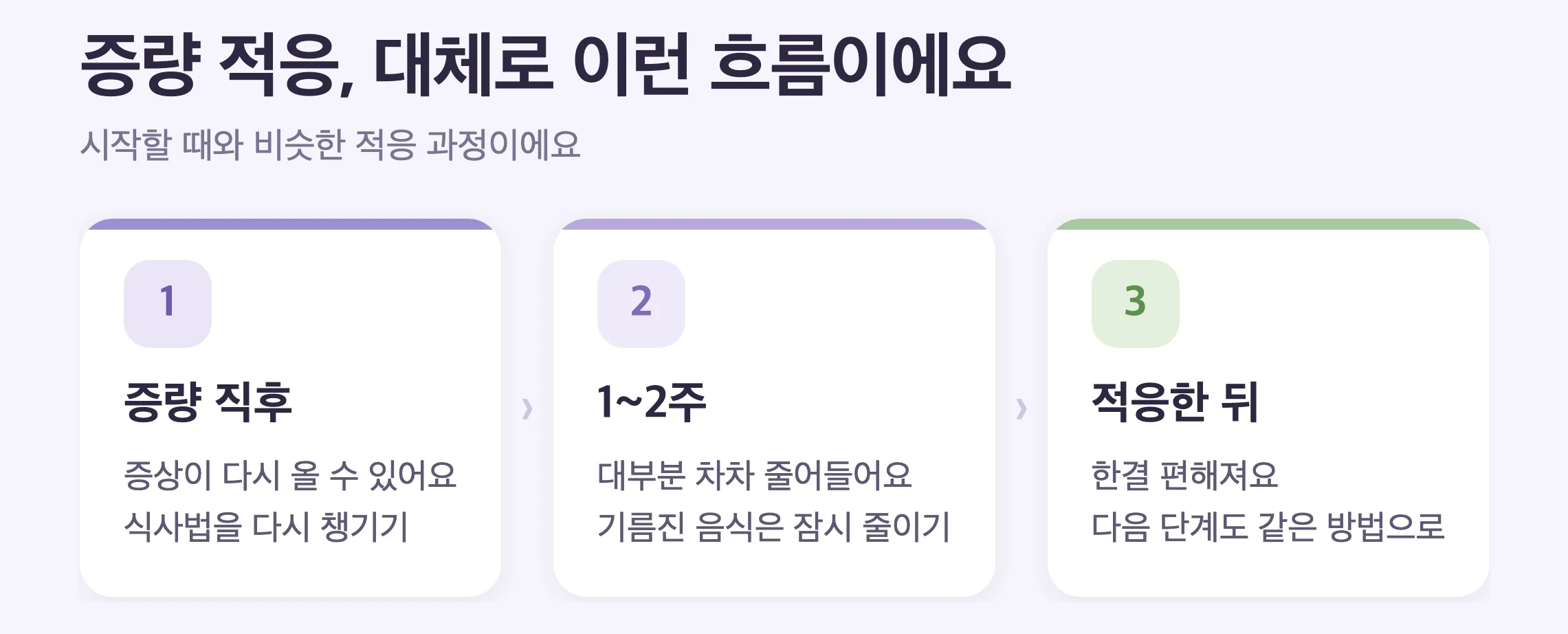 증량 직후 주차별 흐름, 증량 직후 1~2주 증상 재현, 적응기, 다음 단계까지 최소 4주 유지