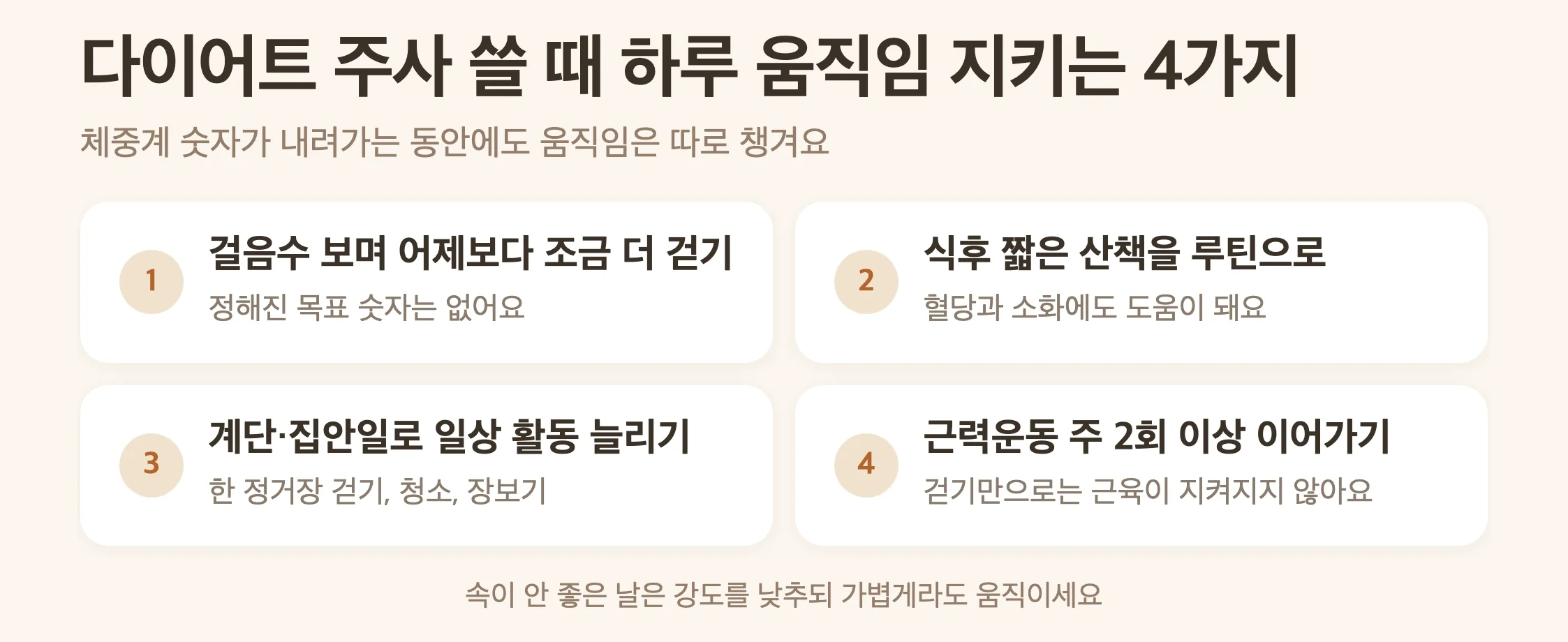 다이어트 주사 쓸 때 하루 움직임을 지키는 4가지, 걸음수를 보며 어제보다 조금 더, 식후 짧은 산책, 계단과 집안일로 일상 활동 늘리기, 근력운동 주 2회 이상 이어가기