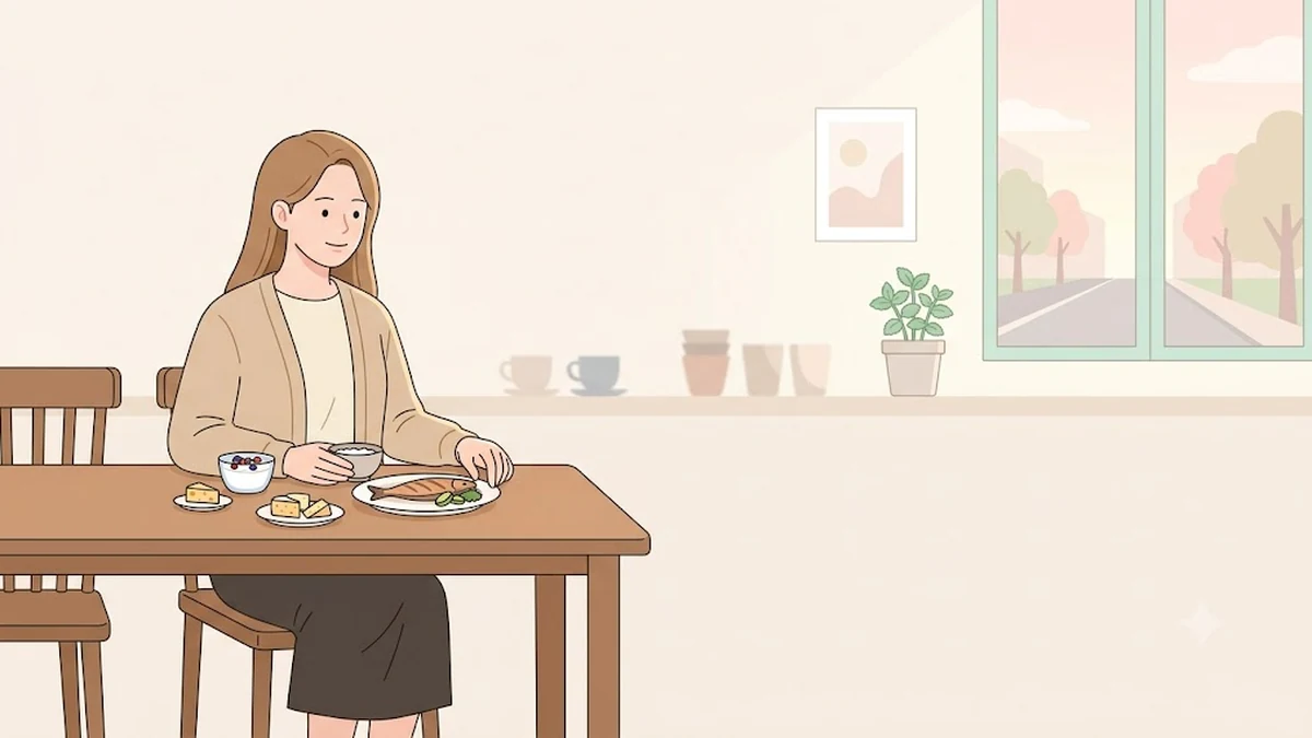 감량 중 뼈 건강, 아침 식탁에서 요거트와 치즈, 생선 반찬을 챙기는 장면