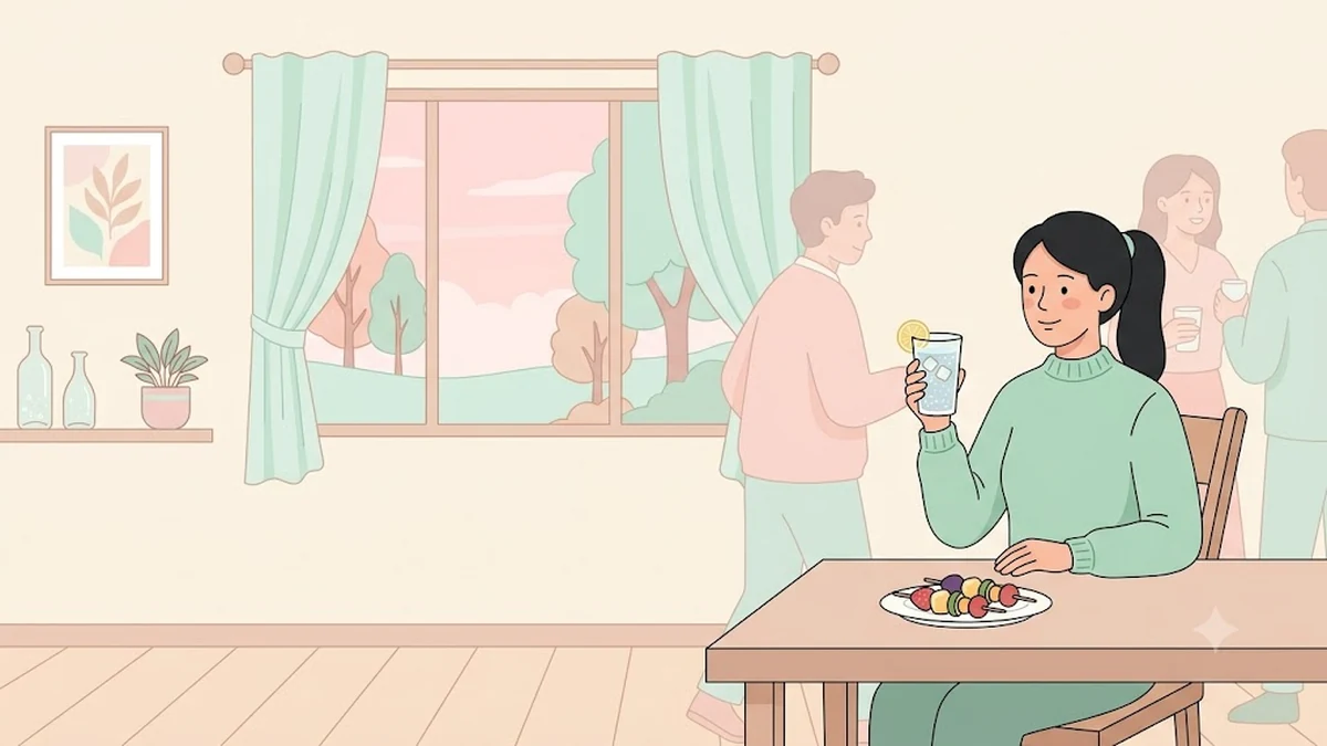 음주 욕구 연구 브리핑, 저녁 모임에서 탄산수를 들고 있는 차분한 장면