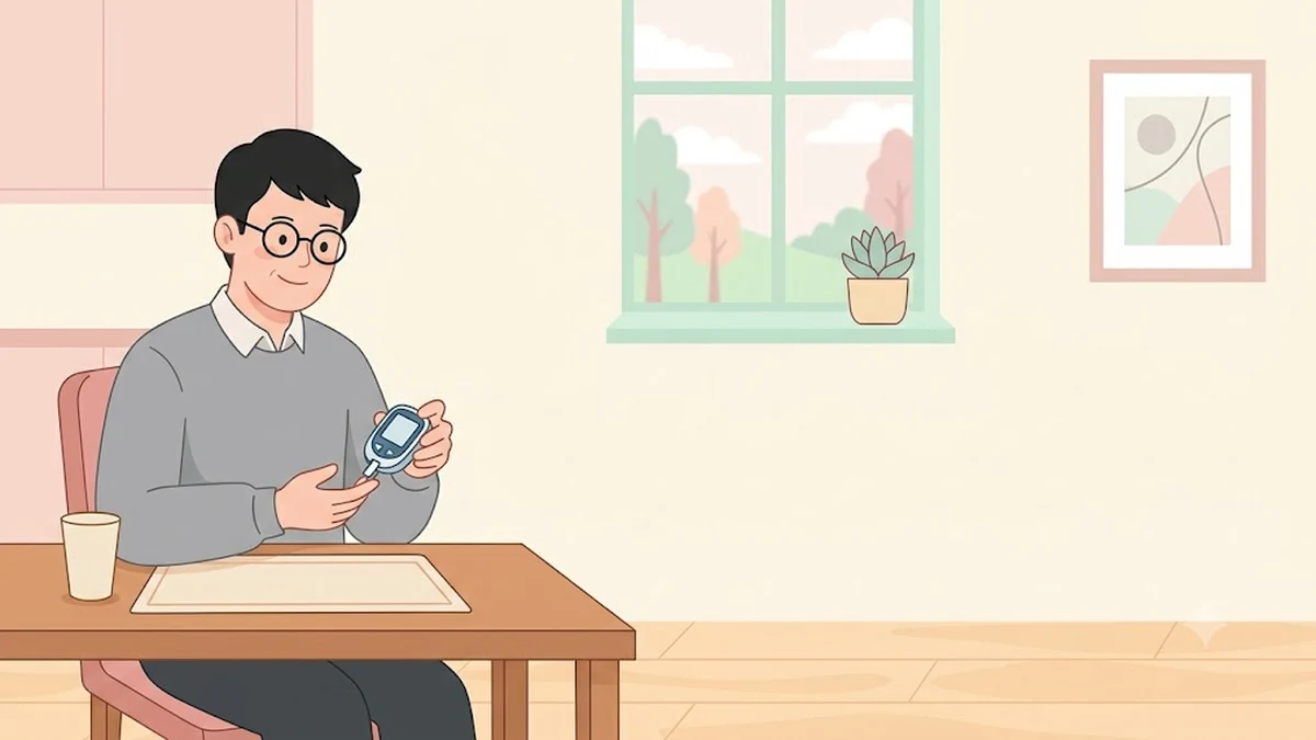 당뇨가 있는 분의 마운자로·위고비, 식탁에서 혈당계를 확인하는 차분한 장면