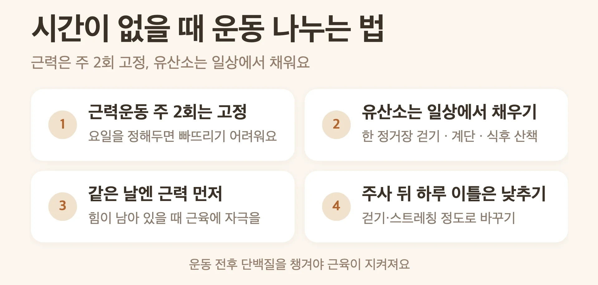 시간이 없을 때 운동 우선순위, 주 2회 근력운동은 고정, 유산소는 출퇴근 걷기와 계단 오르기로 일상에서 채우기, 같은 날엔 근력 먼저 유산소 뒤에, 주사 뒤 속이 불편한 동안은 강도 낮추기
