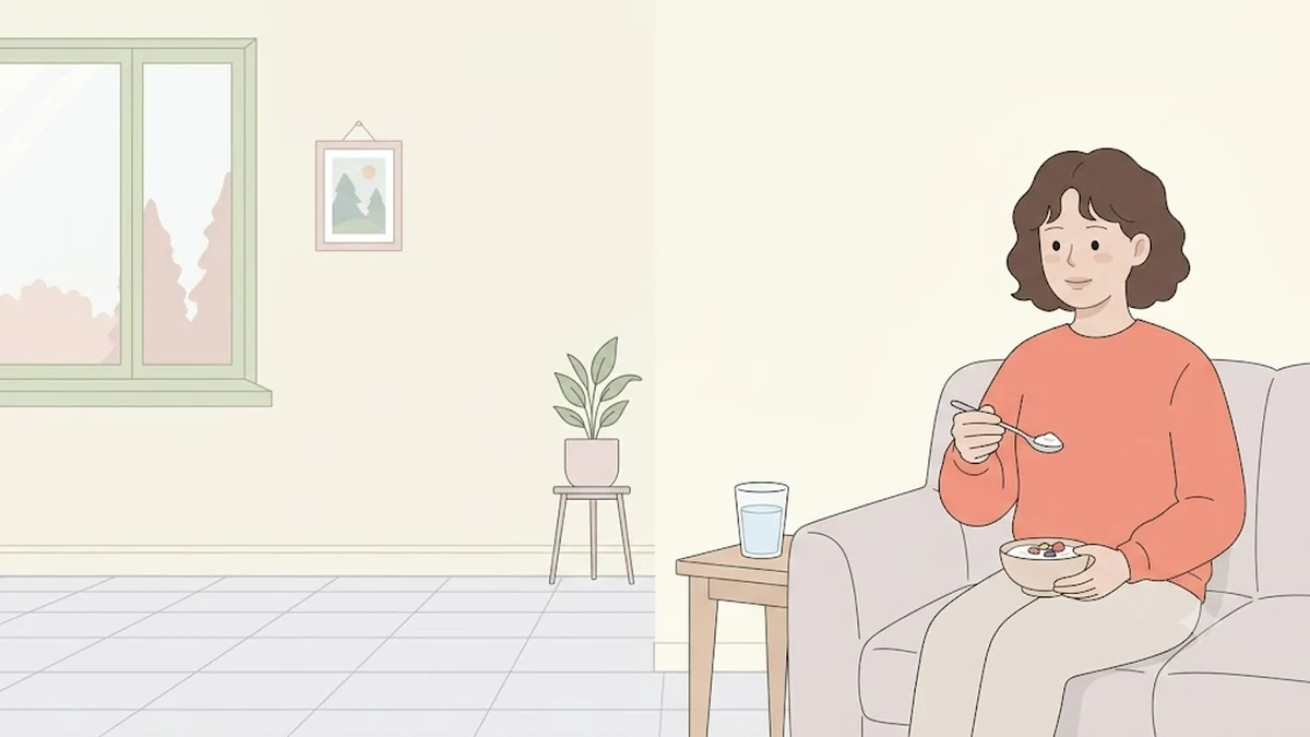 위고비 식욕없음, 안먹힐때, 소파에서 작은 그릇의 요거트를 든 장면