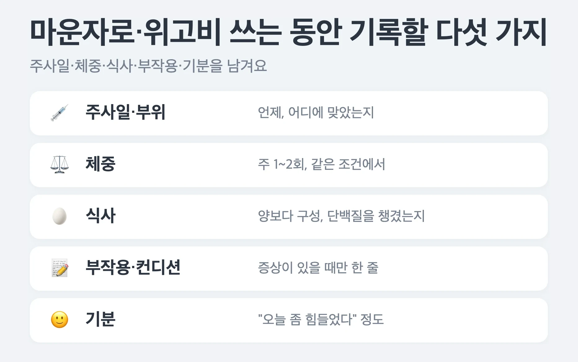 다이어트 주사 쓰는 동안 기록할 다섯 가지, 주사일과 부위, 체중은 주 1~2회, 식사는 단백질 위주 구성, 부작용과 컨디션은 있을 때만, 기분은 한 줄