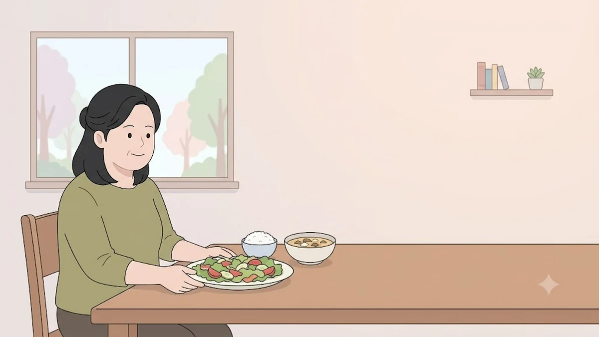 거꾸로 식사법, 혈당 식사순서, 마운자로 식단, 식탁에서 샐러드 접시를 먼저 당기는 장면