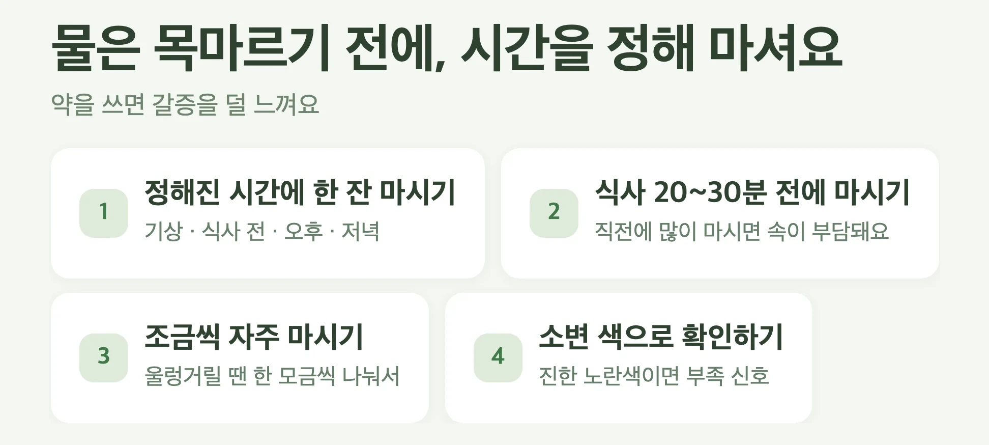 물 챙기는 방법 4가지, 정해진 시간에 한 잔, 식사 20~30분 전, 조금씩 자주, 소변 색으로 확인
