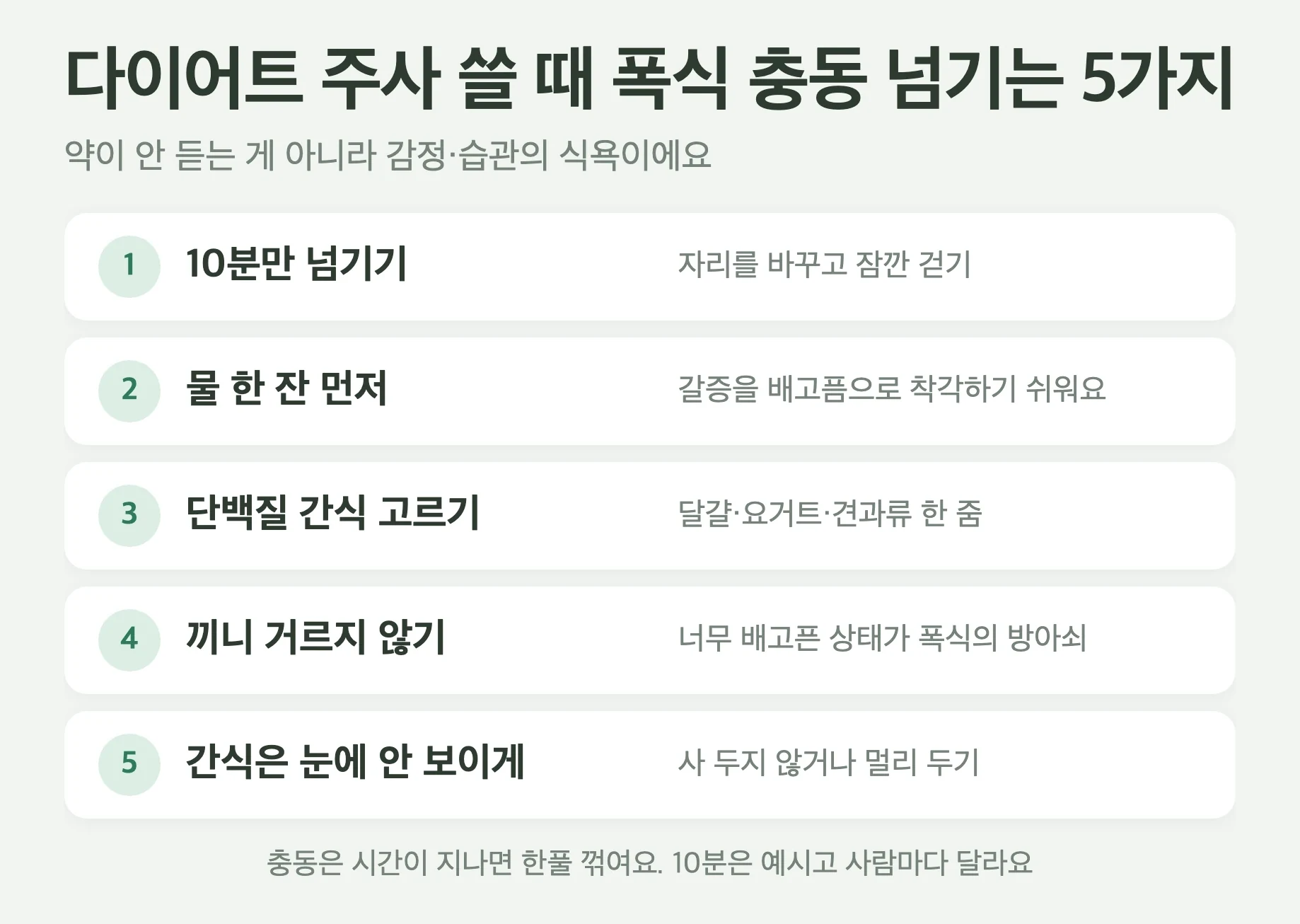 다이어트 주사 쓸 때 폭식 충동 넘기는 법 5가지, 10분 자리 바꾸기, 물 한 잔 먼저, 단백질 간식 고르기, 끼니 거르지 않기, 자극적인 간식 눈에 안 보이게