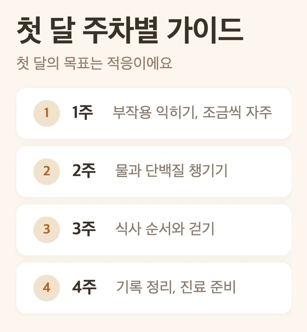 첫 달 주차별 가이드 4단계, 1주는 부작용 익히기와 조금씩 자주 먹기, 2주는 물과 단백질 챙기기, 3주는 식사 순서와 걷기, 4주는 기록 정리하고 진료 준비