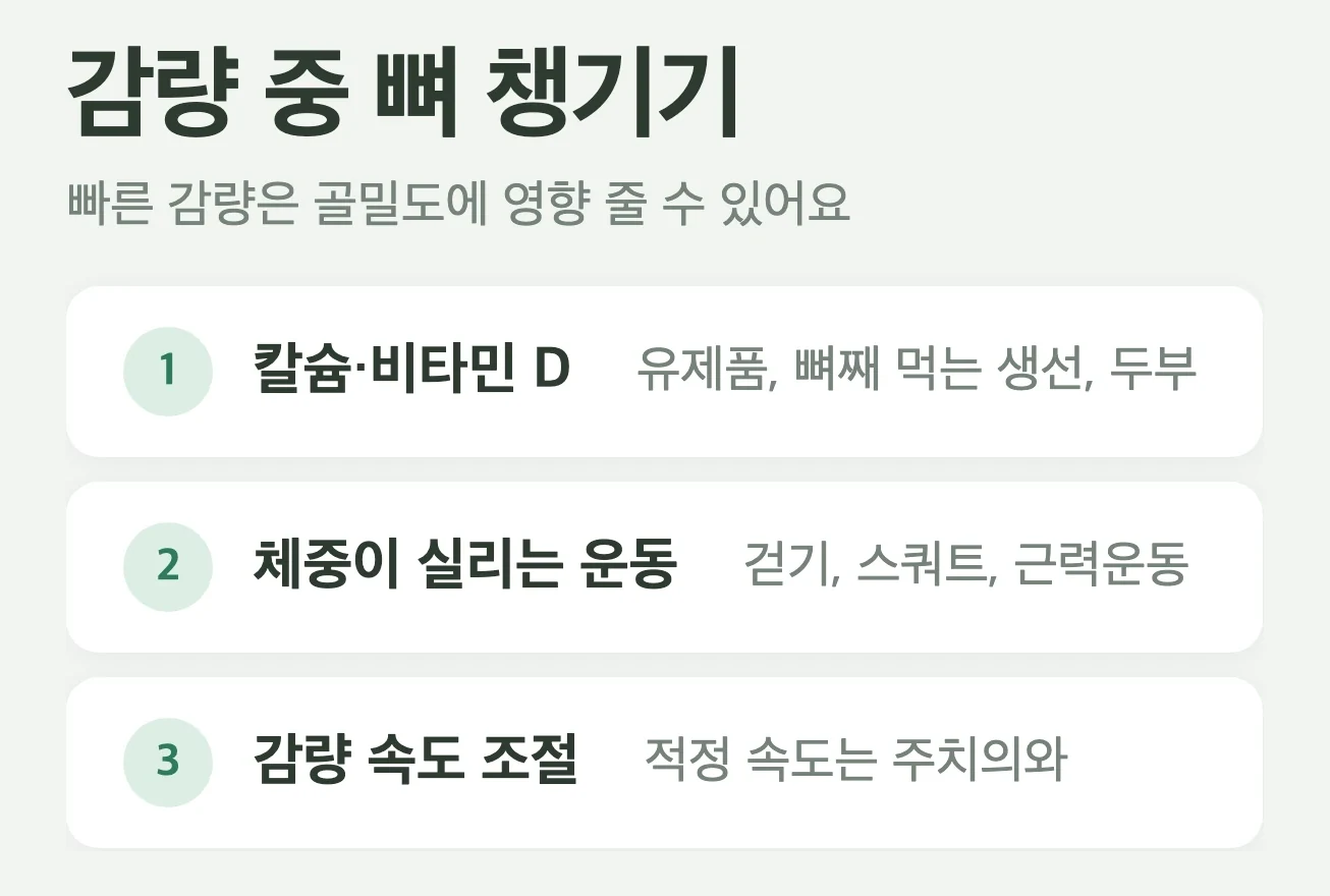 감량 중 뼈 건강 챙기기 3가지, 칼슘과 비타민 D 챙기기, 체중이 실리는 운동 함께 하기, 감량 속도 조절