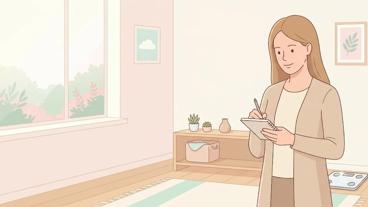 마운자로 정체기, 위고비 정체기, 거실에서 체중계 옆에 서서 기록을 적는 장면