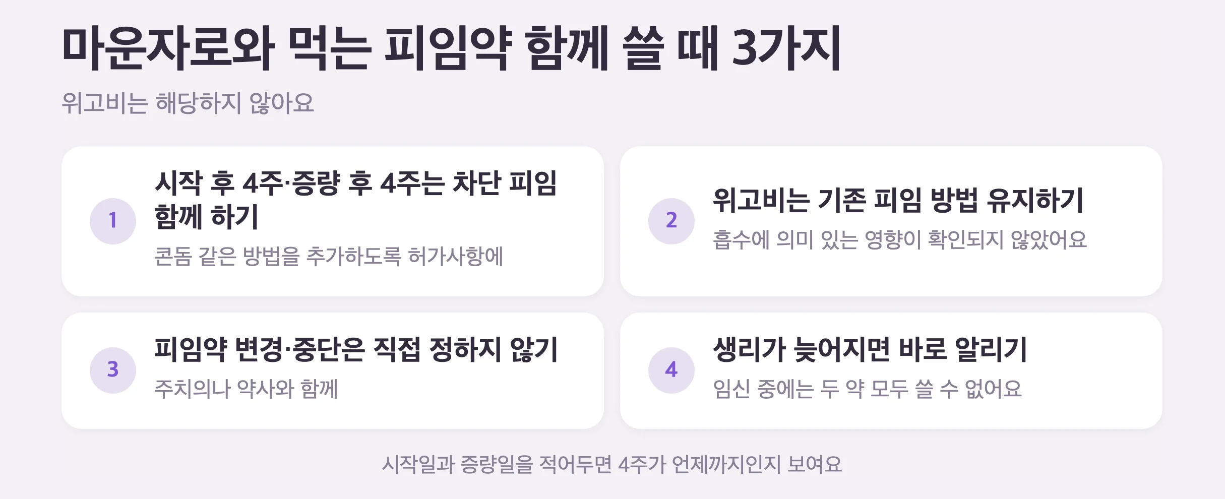 마운자로와 먹는 피임약을 함께 쓸 때 3가지, 시작 후 4주와 증량 후 4주는 차단 피임 함께, 위고비는 기존 피임 방법 유지, 피임약 변경과 중단은 직접 정하지 않기
